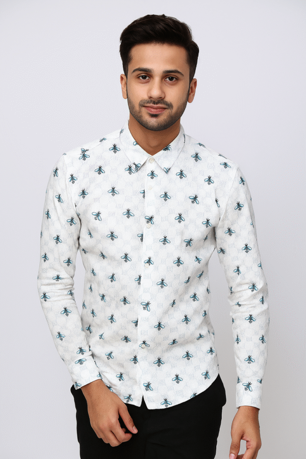 White Bee Print Slim Fit Shirt