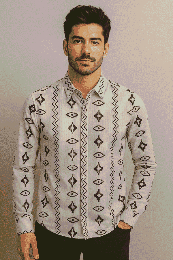 Karen Yoder Grey Tribal Geometric Print Shirt